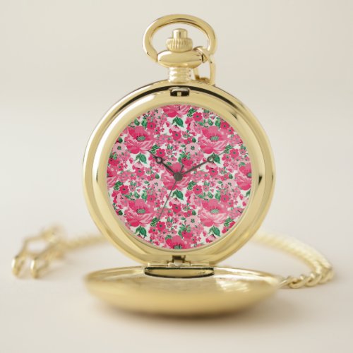 Cute Hand Paint Pink Flowers Elegant White Design Pocket Watch