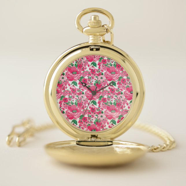 Cute Hand Paint Pink Flowers Elegant White Design Pocket Watch (Inside)