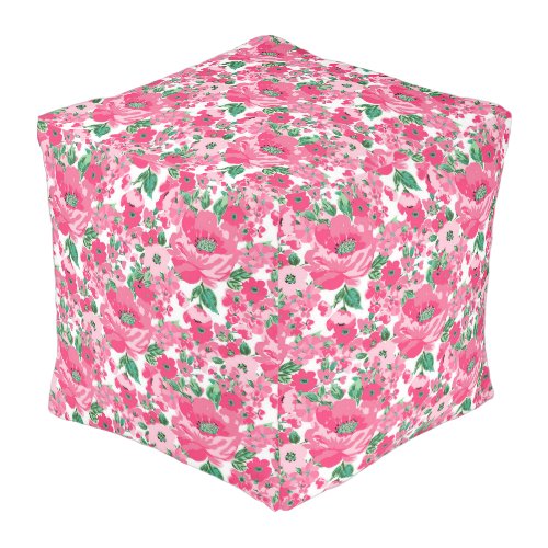 Cute Hand Paint Pink Flowers Elegant White Design Pouf