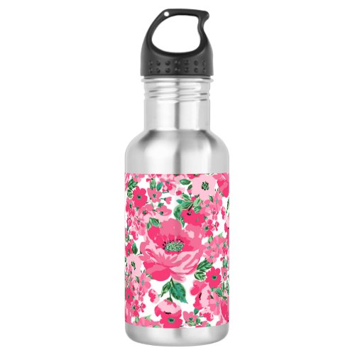 Cute Hand Paint Pink Flowers Elegant White Design Stainless Steel Water Bottle