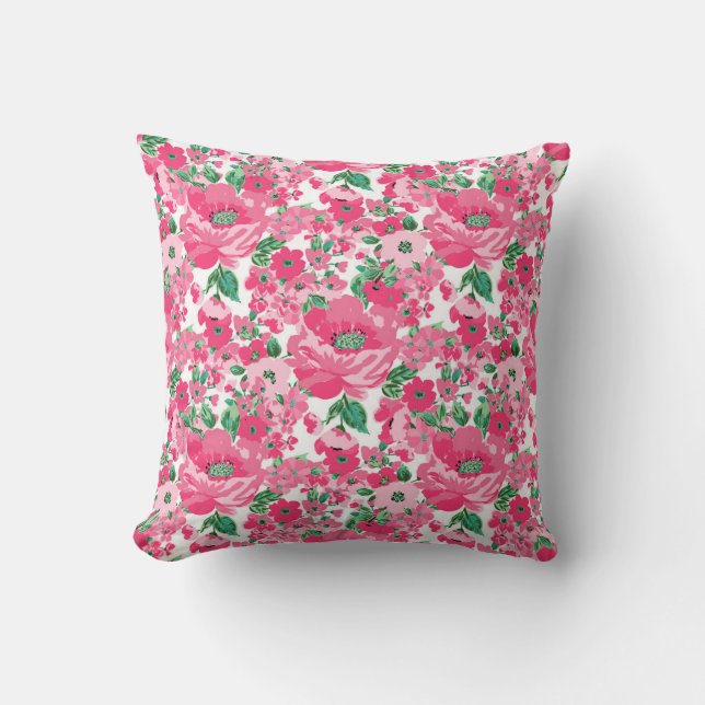 Cute Hand Paint Pink Flowers Elegant White Design Throw Pillow (Front)