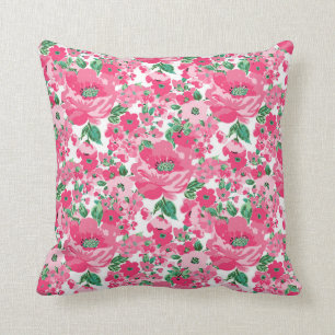 Cute Hand Paint Pink Flowers Elegant White Design Throw Pillow