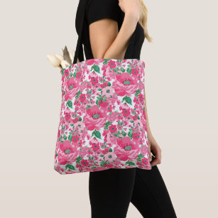 Floral Tote Bag Monogram Initial Pink Red Purple Burgundy Flowers