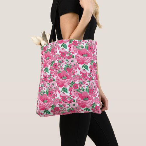 Cute Hand Paint Pink Flowers Elegant White Design Tote Bag