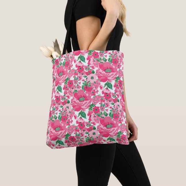 Cute Hand Paint Pink Flowers Elegant White Design Tote Bag (Close Up)