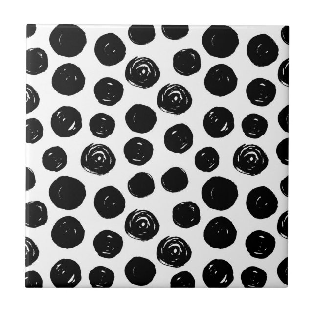 Cute hand painted black and white polka dots ceramic tile (Front)