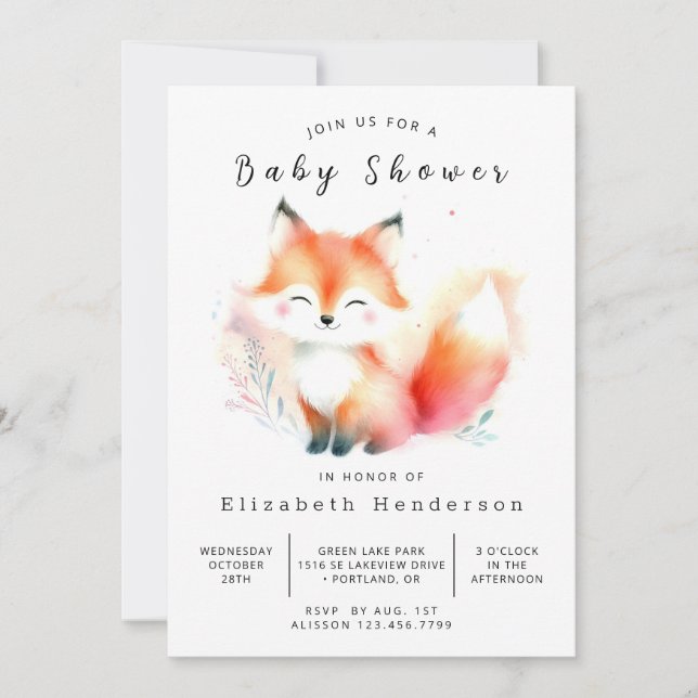 Cute Hand Painted Fox Baby Shower Invitation (Front)