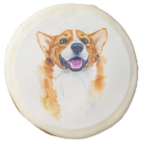 Cute Hand_Painted Happy Watercolor Corgi Dog  Sugar Cookie