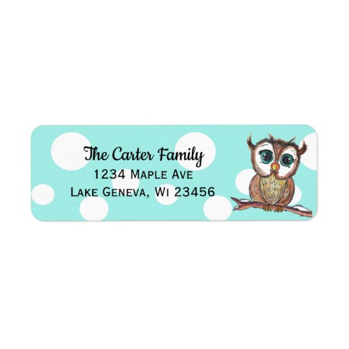 Cute hand painted watercolor owl teal polka dot label