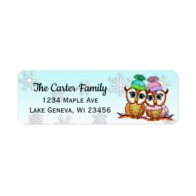 Cute hand painted watercolor owls snowflakes label (Front)