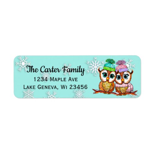 Cute hand painted watercolor owls teal snowflakes label
