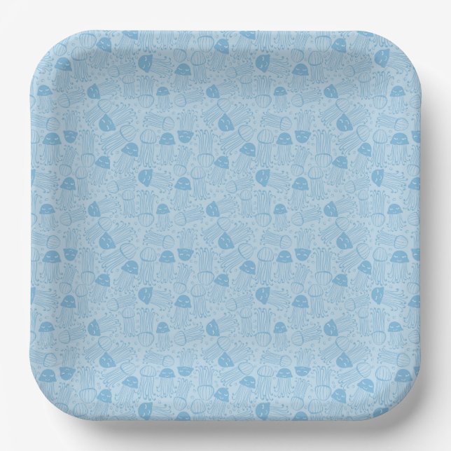 Cute handmade jelly fish pattern blue background paper plates (Front)