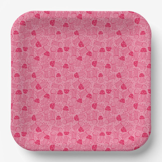Cute handmade jelly fish pattern pink background paper plates (Front)
