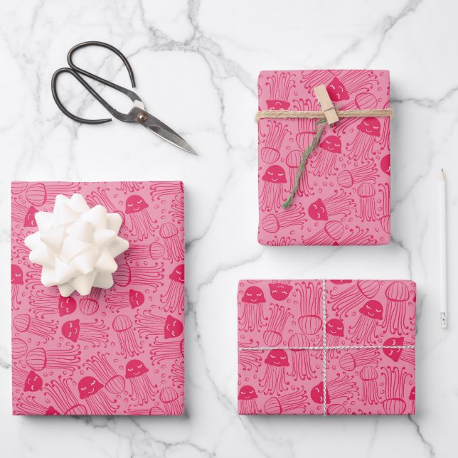 Cute handmade jelly fish pattern pink background wrapping paper sheets (Front)