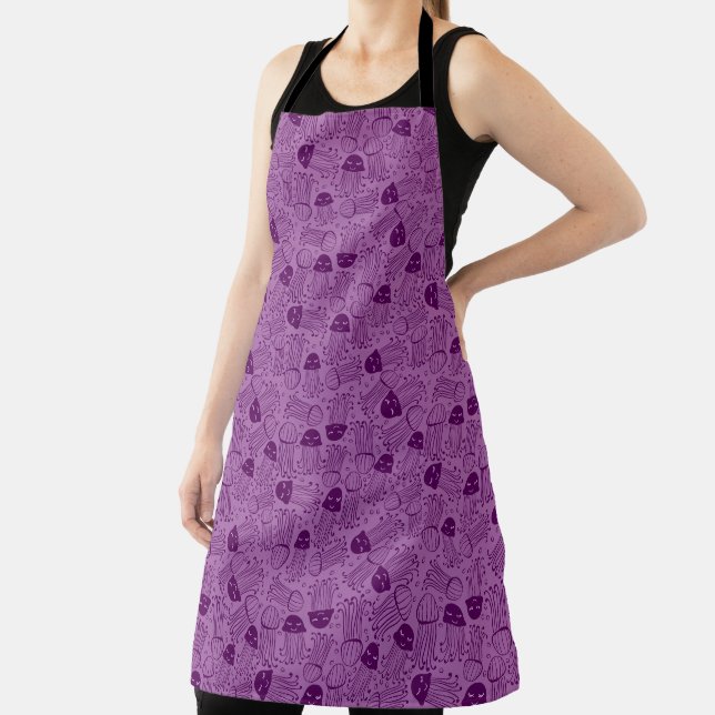 Cute handmade jelly fish pattern purple background apron (Insitu)