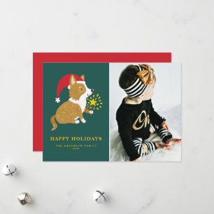 Cute Handpainted Corgi in Santa Hat Dog Photo Holiday Card