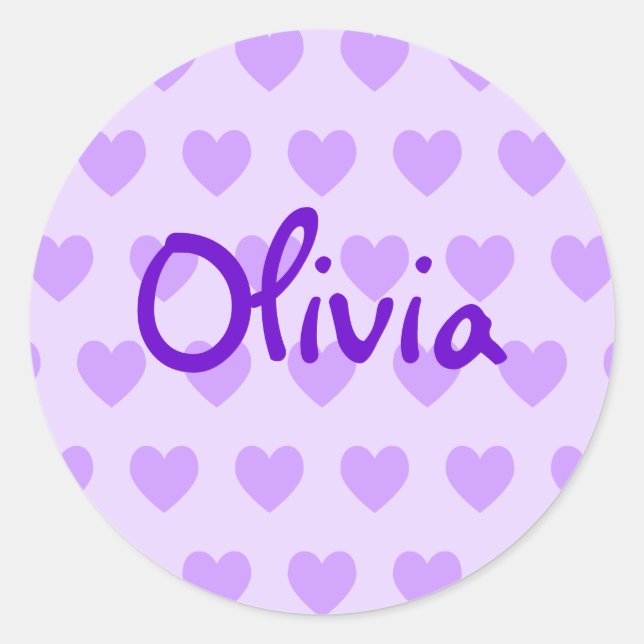 Cute Handwriting Style Personalized Purple Hearts Classic Round Sticker (Front)
