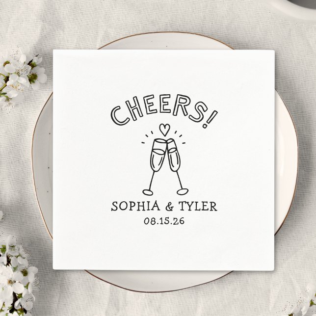 Cute Handwritten Cheers Simple Custom Name Wedding Napkins (Pop the bubbly! These custom wedding napkins with your names and date add a fun, chic touch! Cheers!)