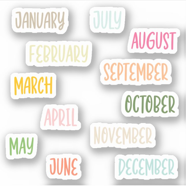 Cute Handwritten Rainbow Pastel Months of the Year Sticker (Front)