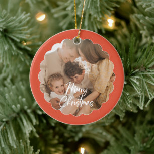 Cute Handwritten Script Merry Christmas Photo Ceramic Ornament