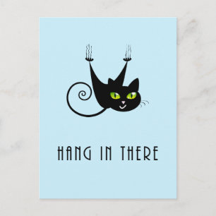 Cute Hang in There Hanging Black Cat Green Eyes Postcard