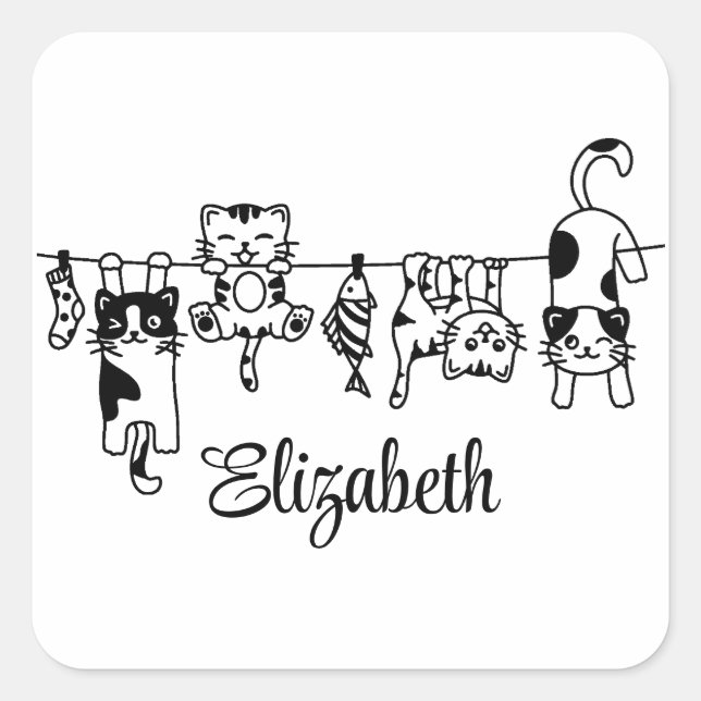 Cute Hanging Kittens Custom Name Square Sticker (Front)