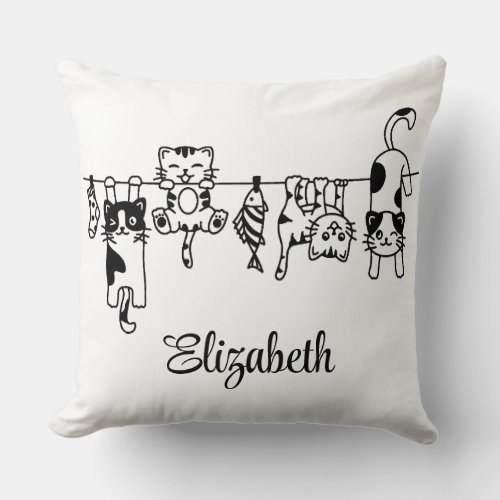 Cute Hanging Kittens Custom Name Throw Pillow