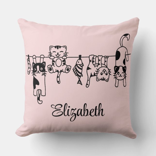 Cute Hanging Kittens Custom Name Throw Pillow (Front)