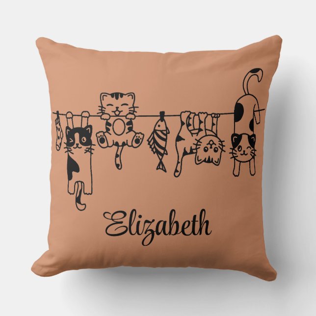 Cute Hanging Kittens Custom Name Throw Pillow (Front)