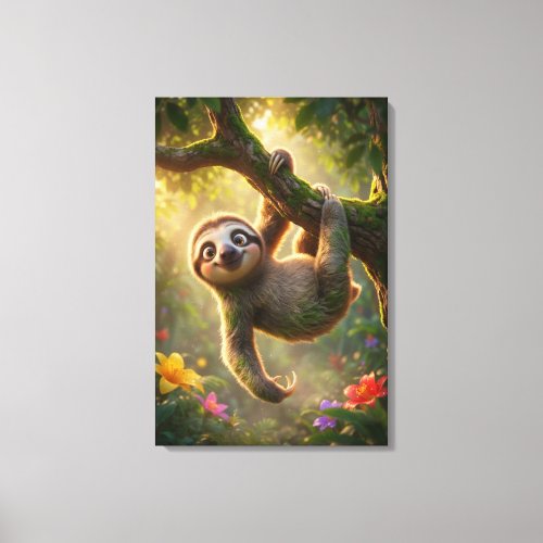 Cute Hanging Sloth 3D Cartoon Jungle Canvas Print