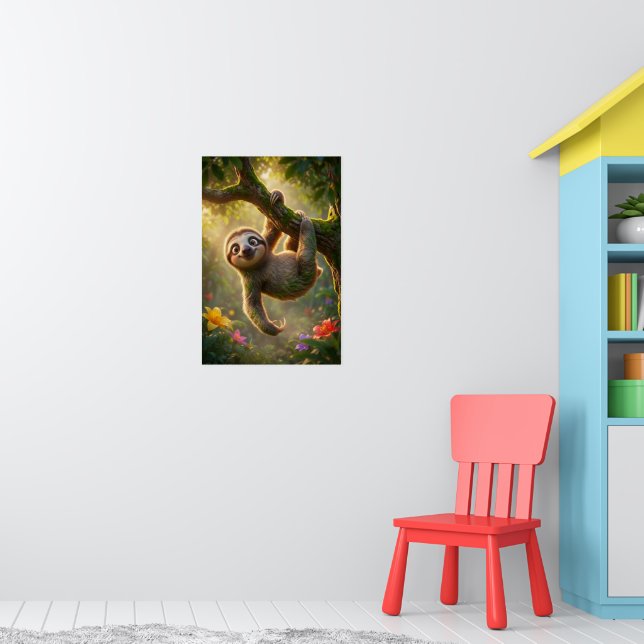 Cute Hanging Sloth 3D Cartoon Jungle Poster (Nursery 1)
