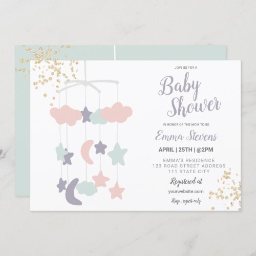 Cute hanging toy pastel gold glitter baby shower invitation