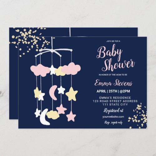 Cute hanging toy sky gold glitter baby shower invitation