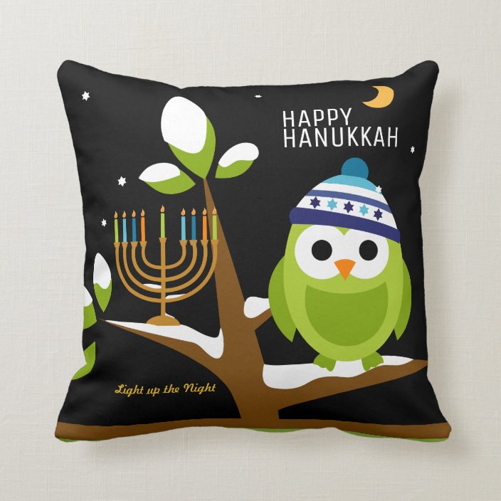 Cute Hanukkah Big Owl & Menorah Snowy Tree Night Throw Pillow
