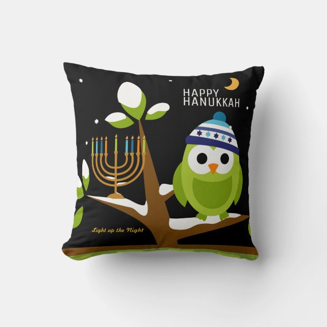 Cute Hanukkah Big Owl & Menorah Snowy Tree Night Throw Pillow (Front)