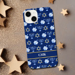 Cute Hanukkah Dreidel Menorah Blue Monogram iPhone 14 Case<br><div class="desc">Beautiful Hanukkah iPhone 14 case in pretty blue with a cool pattern of Judaism star,  dreidel for fun Chanukah games,  and the Jewish menorah. Customize with your monogram in white between the gold lines.</div>
