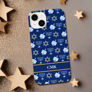 Cute Hanukkah Dreidel Menorah Blue Monogram iPhone 14 Case
