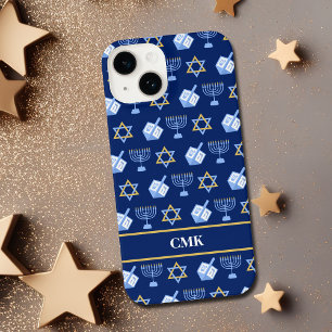 Cute Hanukkah Dreidel Menorah Blue Monogram iPhone 17 Case