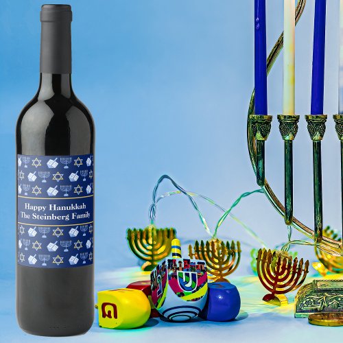 Cute Hanukkah Dreidel Menorah Custom Blue Party Wine Label