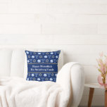 Cute Hanukkah Dreidel Menorah Pattern Blue Custom Throw Pillow<br><div class="desc">Beautiful custom Hanukkah pillow in pretty blue with a cool pattern of Judaism star,  dreidel for fun Chanukah games,  and the Jewish menorah. Pretty holiday decor with your last name customized in white.</div>
