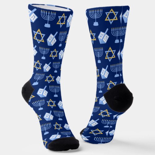 Cute Hanukkah Dreidel Menorah Pattern Blue Gold Socks
