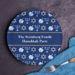 Cute Hanukkah Dreidel Menorah Pattern Custom Party Paper Plates<br><div class="desc">Beautiful customizable Hanukkah party paper plate in pretty blue with a cool pattern of Judaism star,  dreidel for fun Chanukah games,  and the Jewish menorah for a holiday dinner or gathering with your synagogue.</div>