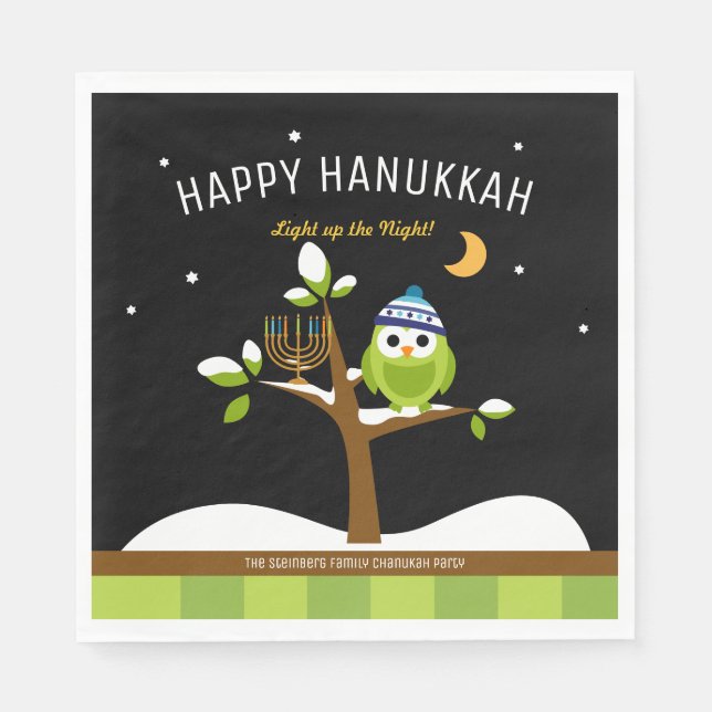 Cute Hanukkah Light up the Night Owl & Menorah Napkins (Front)