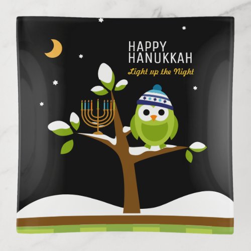 Cute Hanukkah Light up the Night Owl  Menorah Trinket Tray