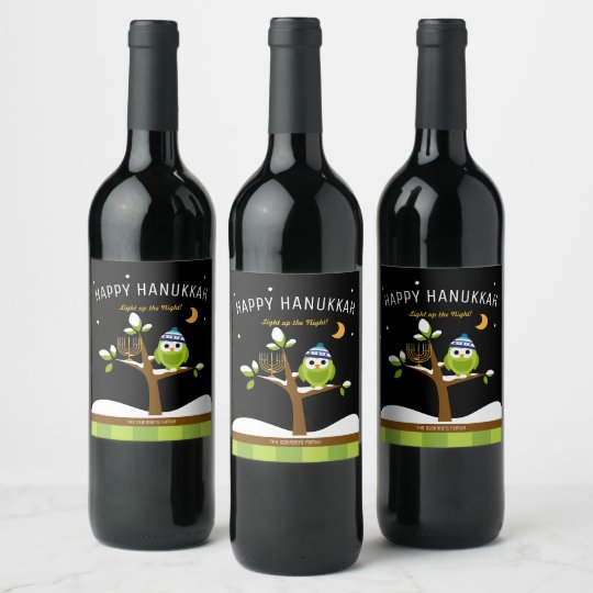 Cute Hanukkah Light Up The Night Owl Menorah Wine Label Zazzle Com