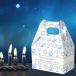 Cute Hanukkah Menorah Dreidel Pattern Custom Party Favor Boxes<br><div class="desc">Beautiful custom Hanukkah party favor box in a pretty blue and gold pattern of Judaism star,  dreidel for fun Chanukah games,  and the Jewish menorah for the holiday. Personalize with your own gift message from your family.</div>