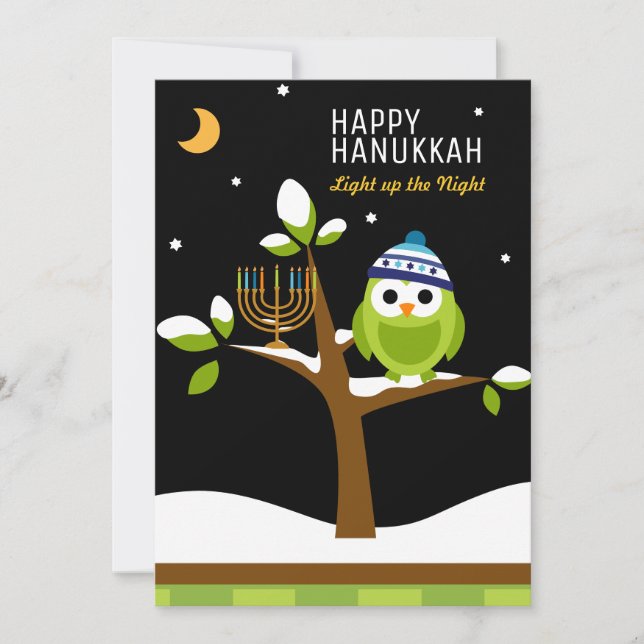 Cute Hanukkah Owl & Menorah Snowy Tree Holiday Card (Front)