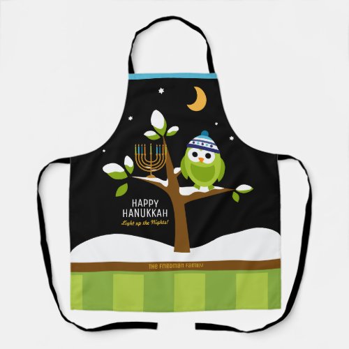 Cute Hanukkah Owl  Menorah Snowy Tree Night Apron