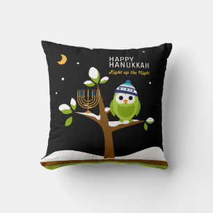 Cute Hanukkah Owl & Menorah Snowy Tree Night Throw Pillow