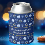 Cute Hanukkah Party Personalized Blue Can Cooler<br><div class="desc">Beautiful Hanukkah party can cooler in pretty blue with a cool pattern of Judaism star,  dreidel for fun Chanukah games,  and the Jewish menorah for a holiday dinner or gathering with your synagogue.</div>